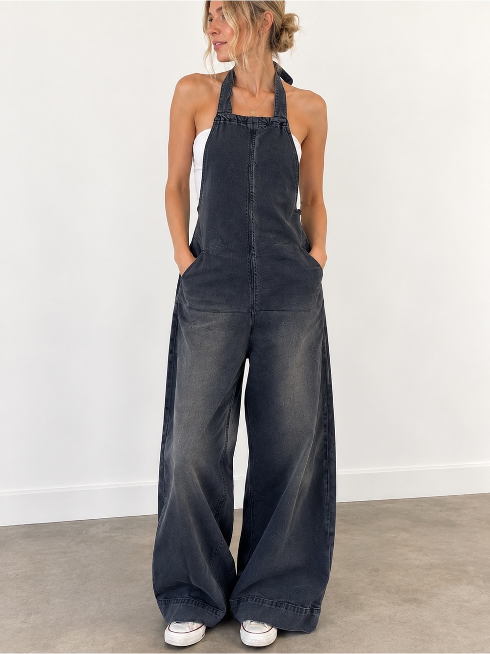 Wide-Leg Halter Denim Overalls - Black